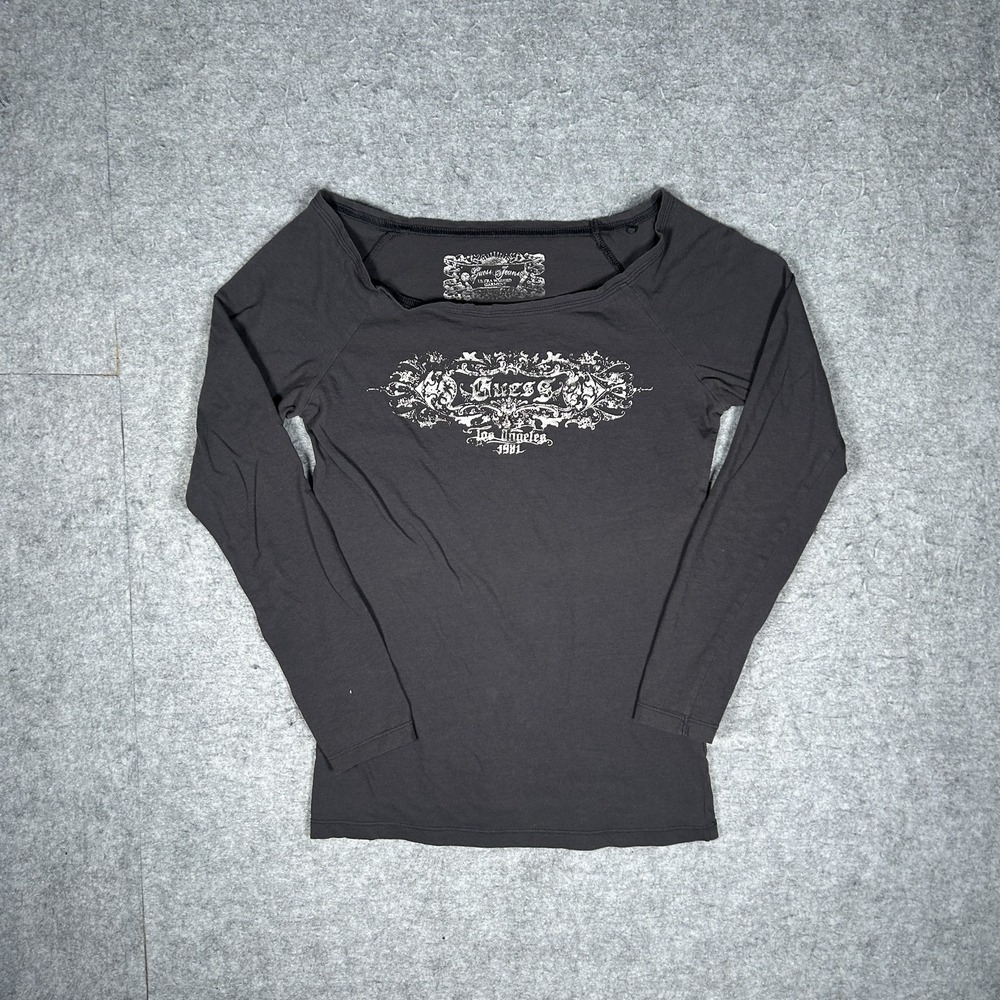 Vintage Guess Jeans Long Sleeve T-Shirt Womens Medium Charcoal Grey Y2K Graphic